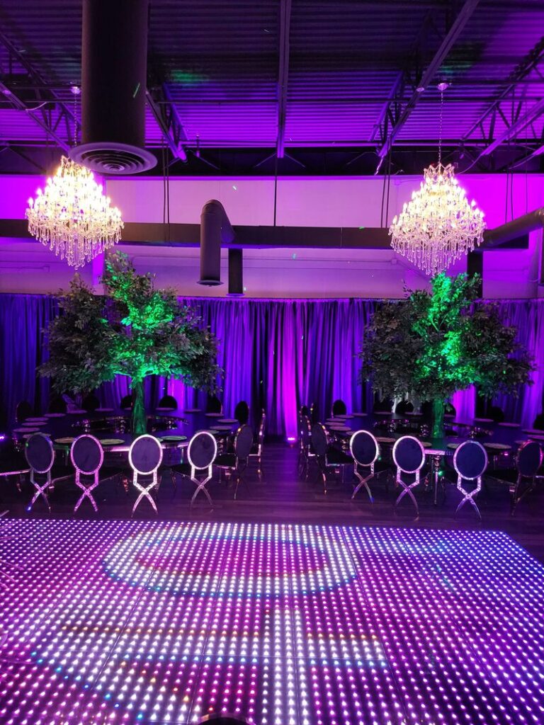 Luxury Party Rentals - Gold Chairs, LED Dance Floor, Artificial Trees, and Serpentine Tables