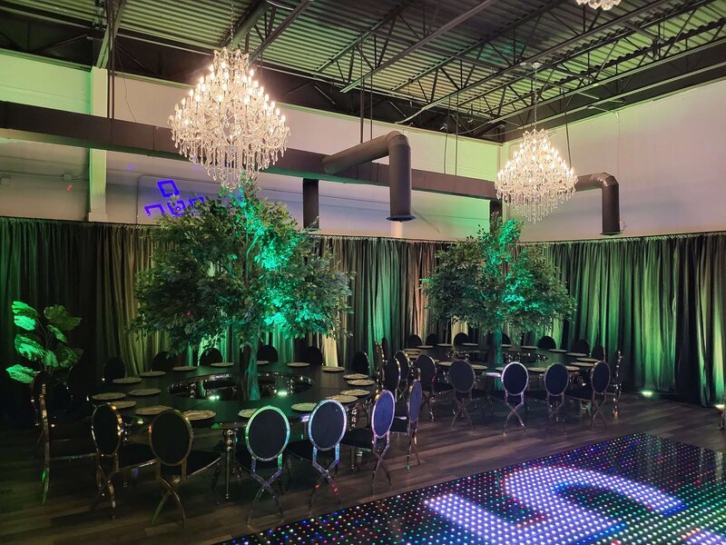 Luxury Party Rentals - Gold Chairs, LED Dance Floor, Artificial Trees, and Serpentine Tables