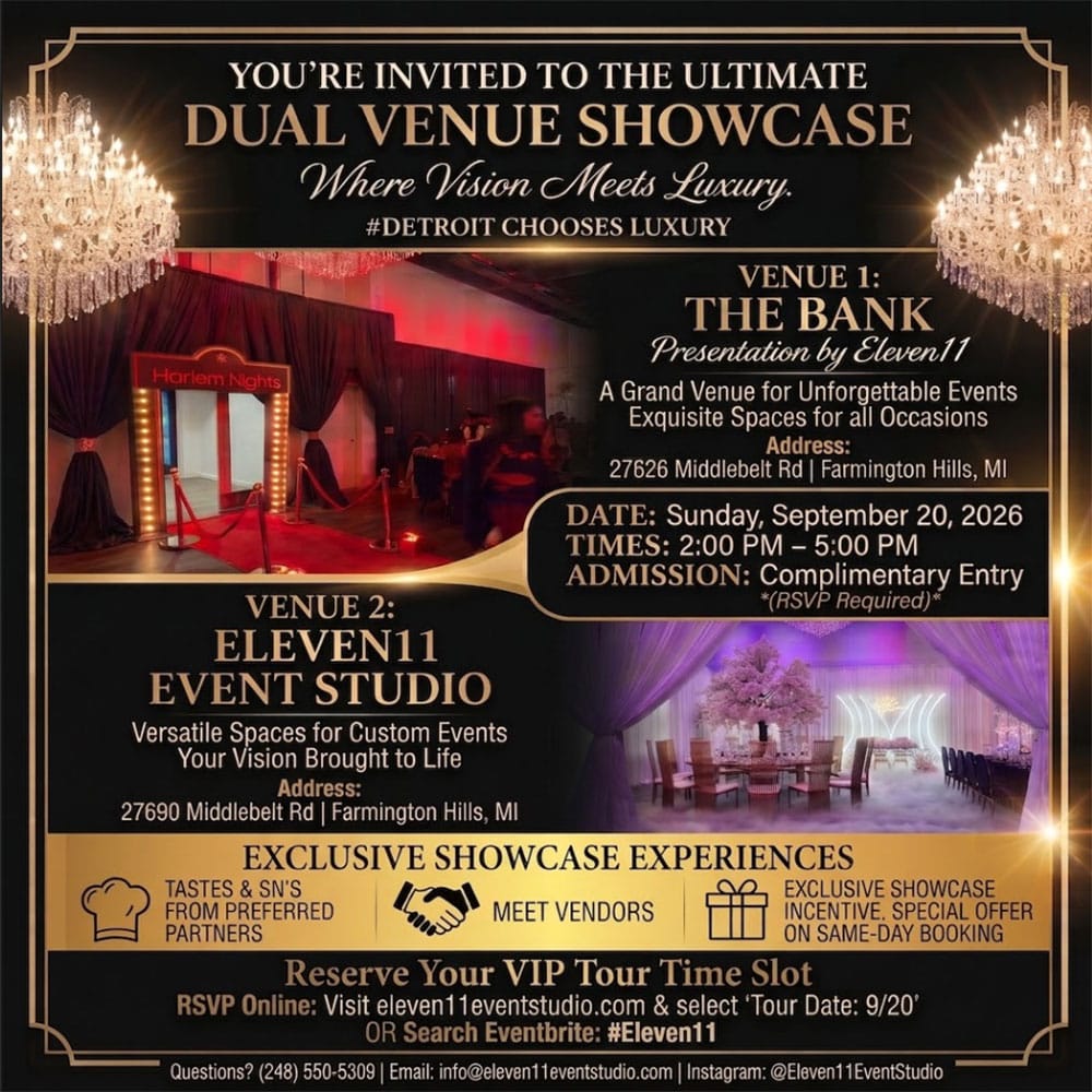 Event invitation for a dual venue showcase at The Bank and Eleven11 Event Studio, featuring tours, vendors, and exclusive experiences. Event is on September 20, 2026, from 2–5 PM in Farmington Hills, MI.