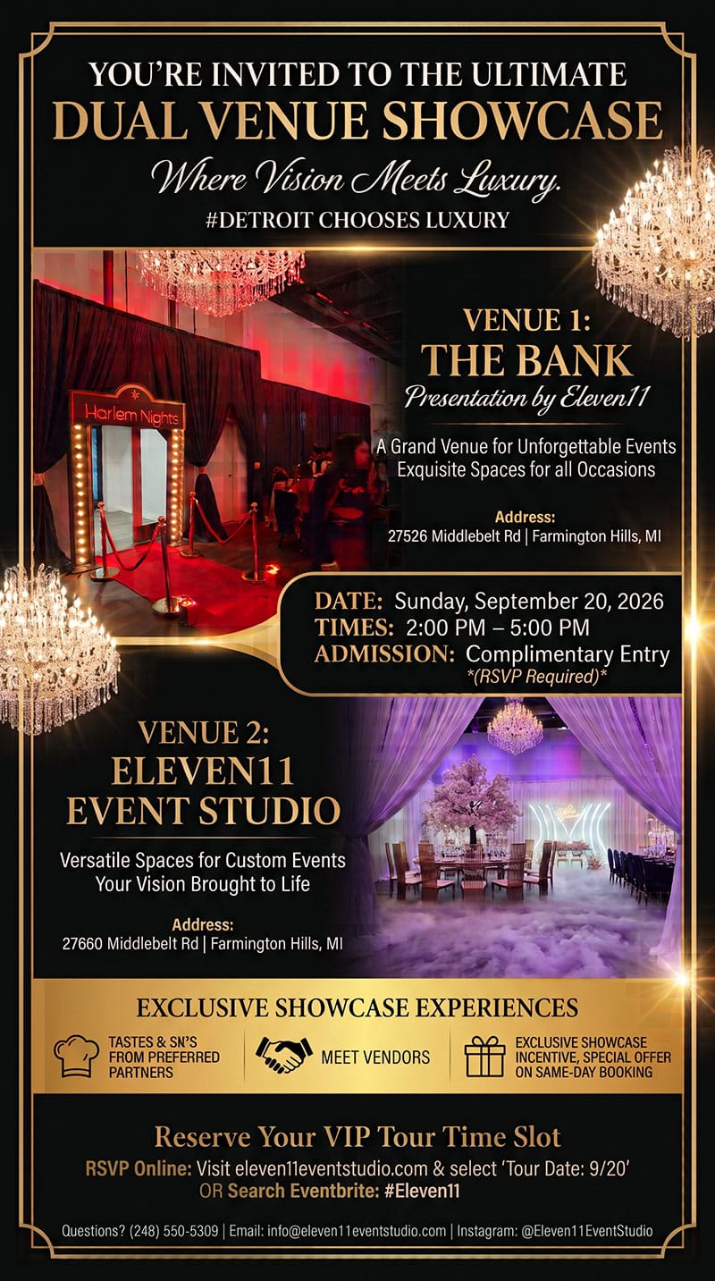 Event invitation with elegant chandeliers and luxurious decor, advertising a dual venue showcase at The Bank and Eleven11 Event Studio in Michigan. Includes RSVP info, event details, and exclusive experiences in gold and black design.